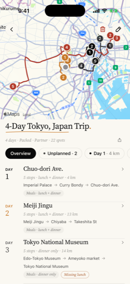 The Lark app showing a generated 4-day Tokyo itinerary