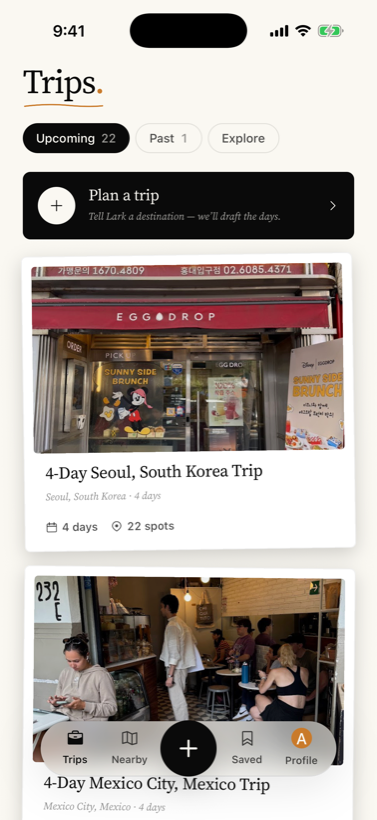 The Lark app showing your saved trips